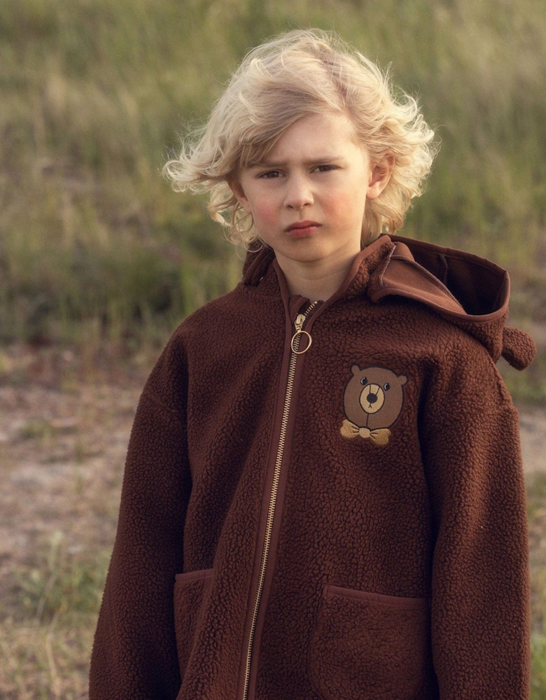 Kids Embroidered Bear Pile Jacket in Brown