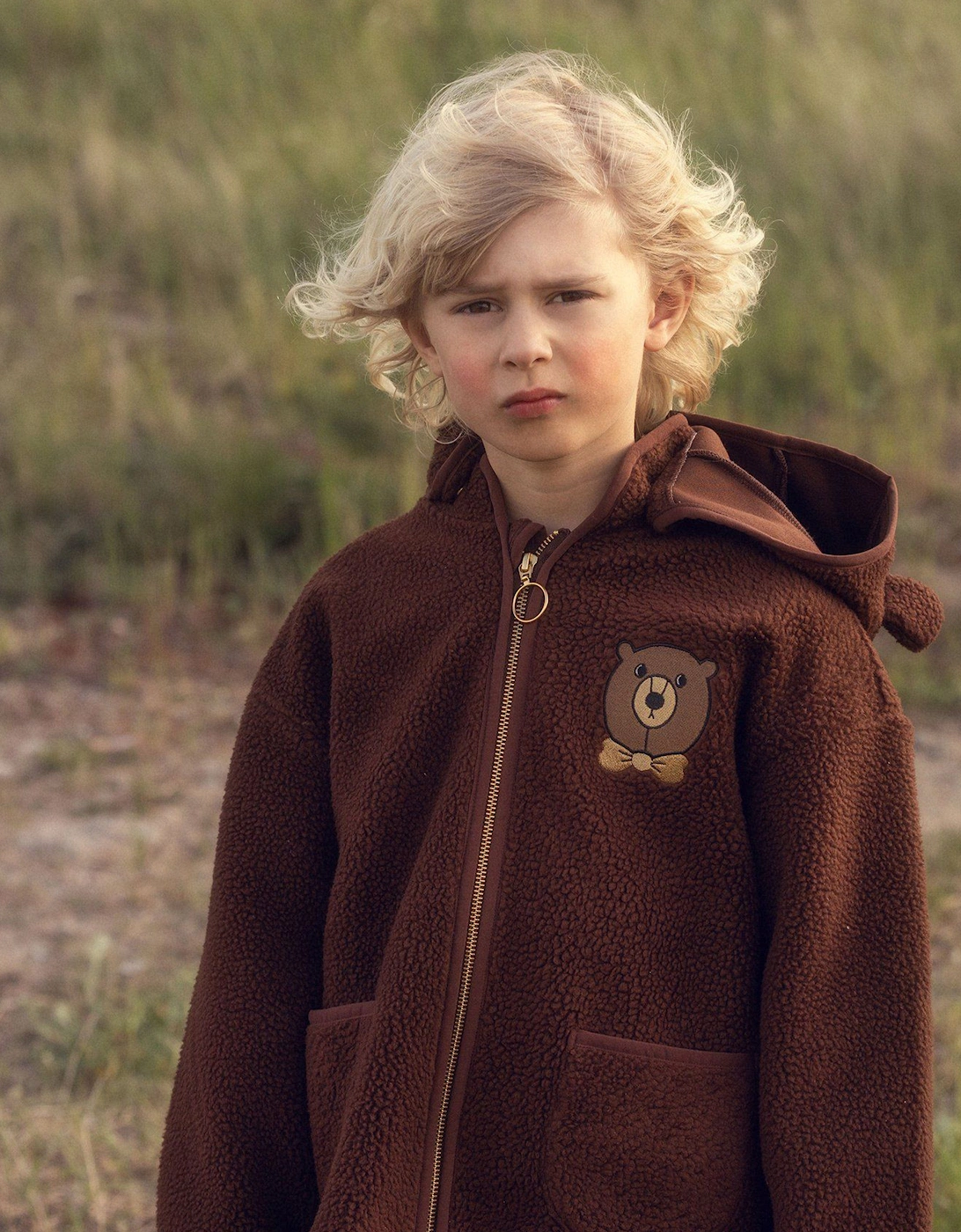 Kids Embroidered Bear Pile Jacket in Brown