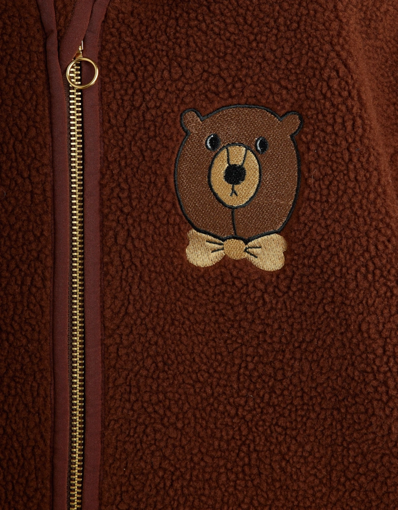 Kids Embroidered Bear Pile Jacket in Brown