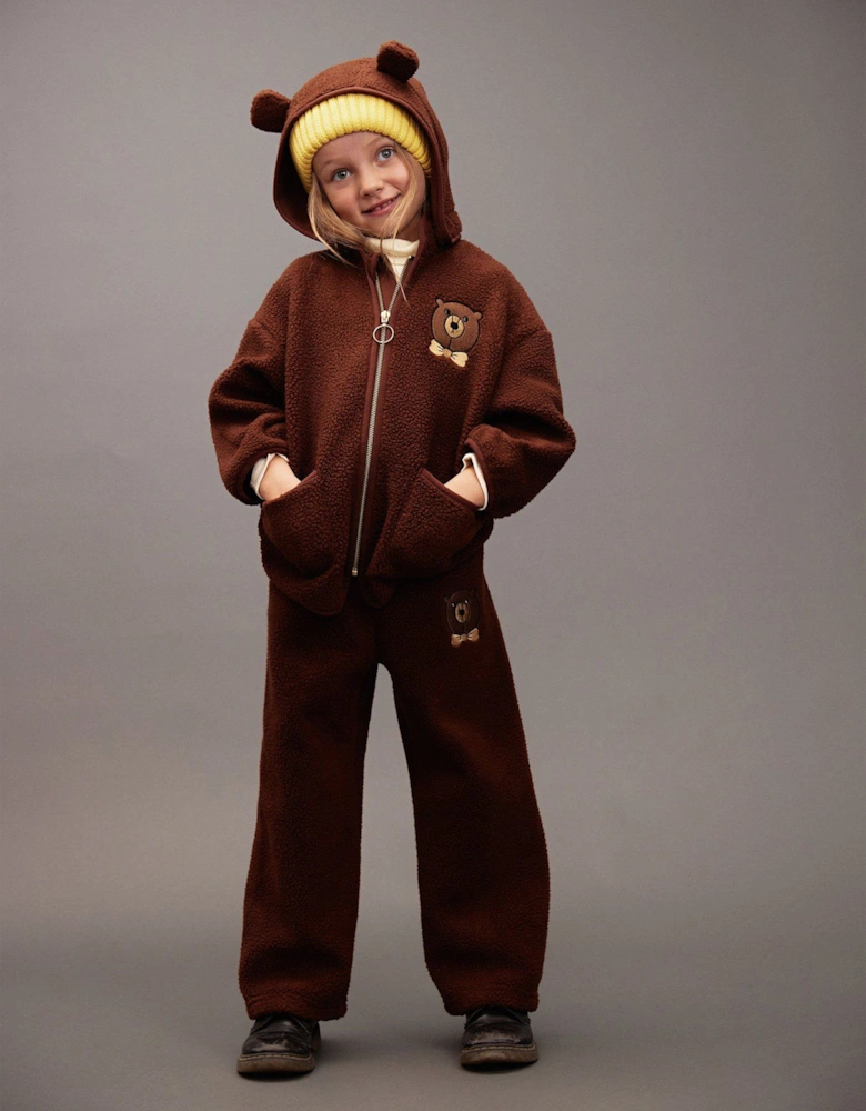 Kids Embroidered Bear Pile Trousers in Brown