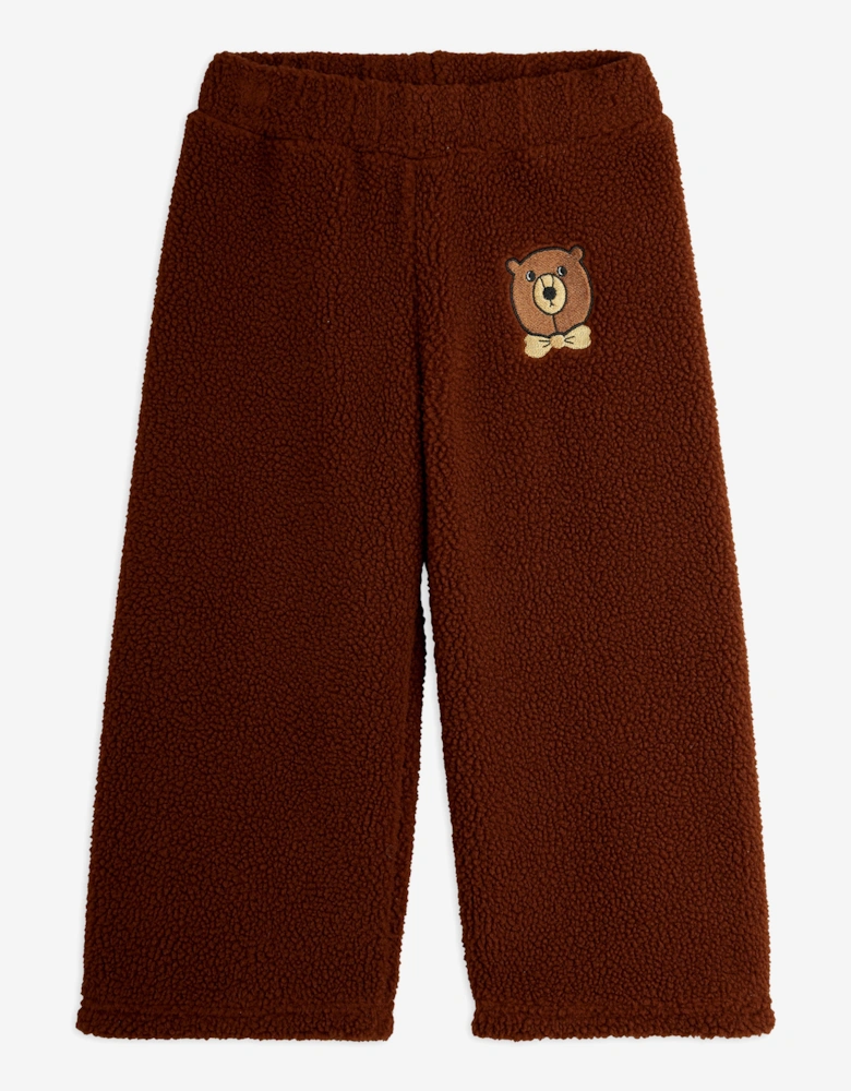 Kids Embroidered Bear Pile Trousers in Brown