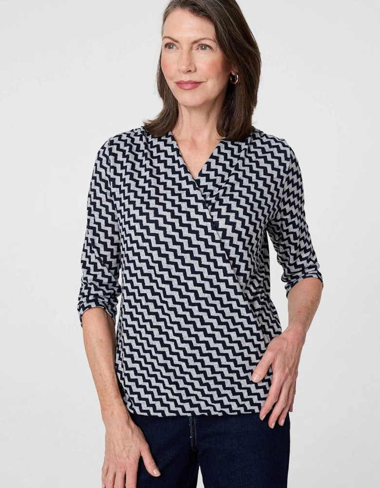 Chevron Print 3/4 Sleeve Wrap Front Top