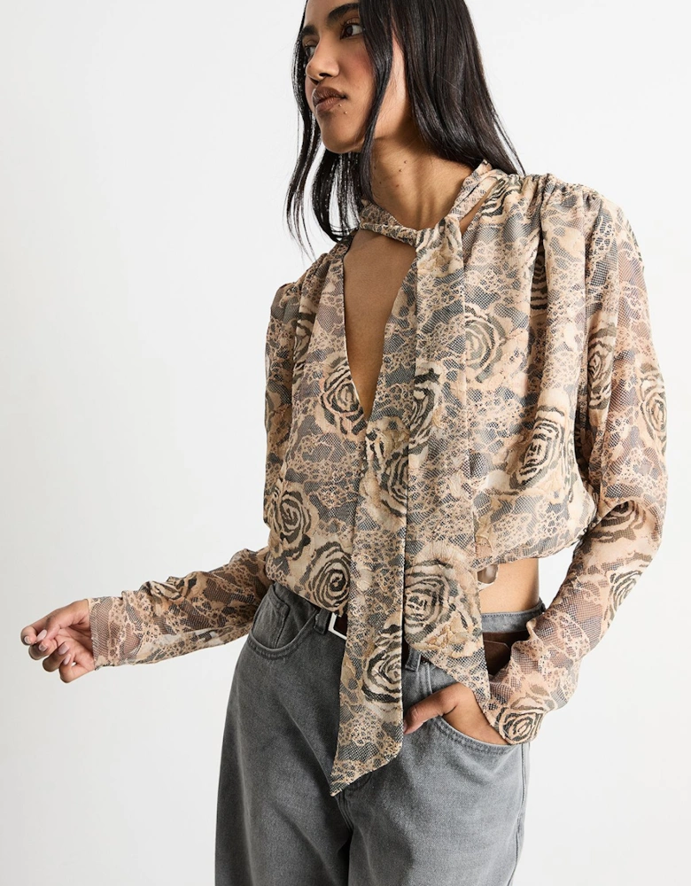 Burnout Chiffon Printed Extreme Shoulder Blouse