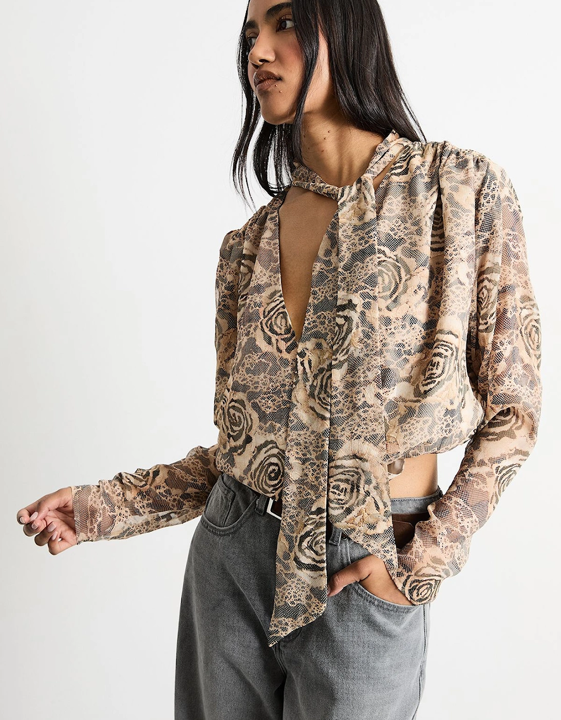Burnout Chiffon Printed Extreme Shoulder Blouse, 2 of 1