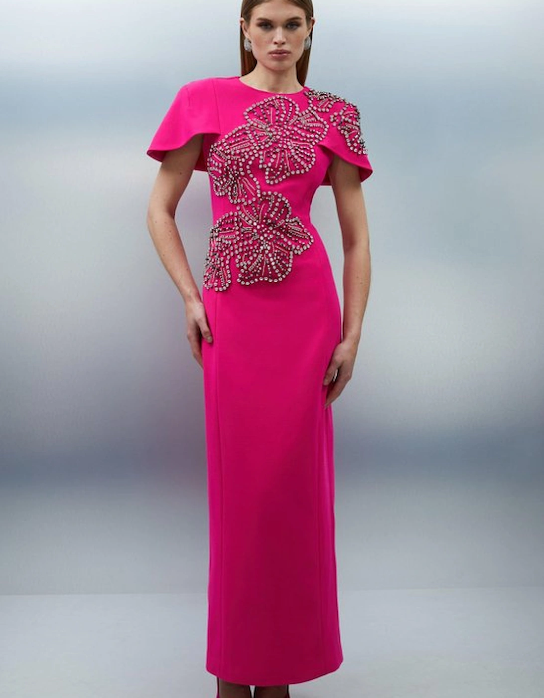 Placed Floral Crystal Embellished Tailored Cape Maxi Dress, 2 of 1