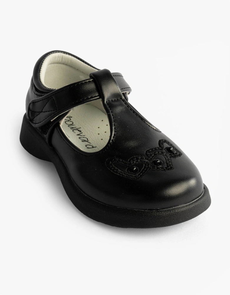 Girls Touch Fasten T-Bar School Shoes Black Matt