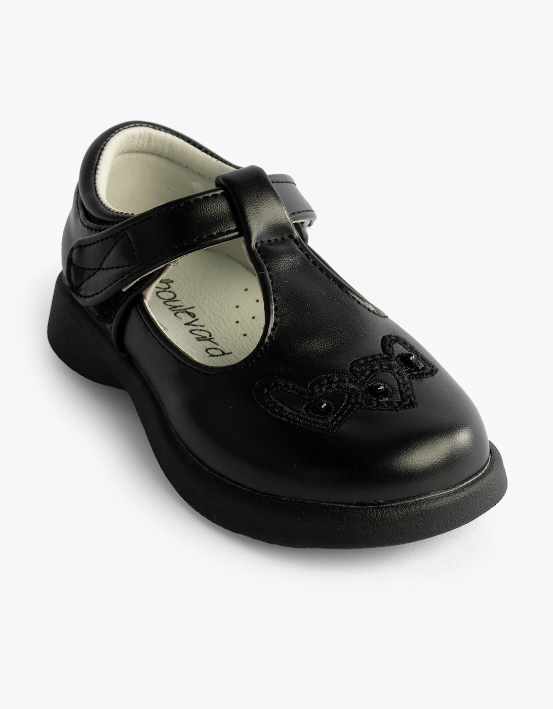 Girls Touch Fasten T-Bar School Shoes Black Matt