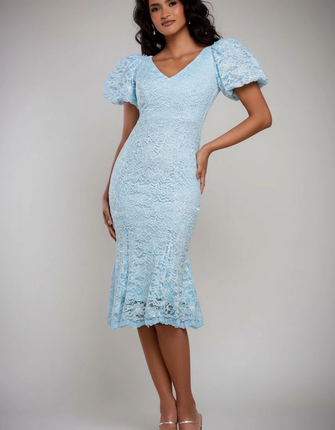 Scallop Lace Puff Sleeve Fit & Flare Midi Dress, 2 of 1