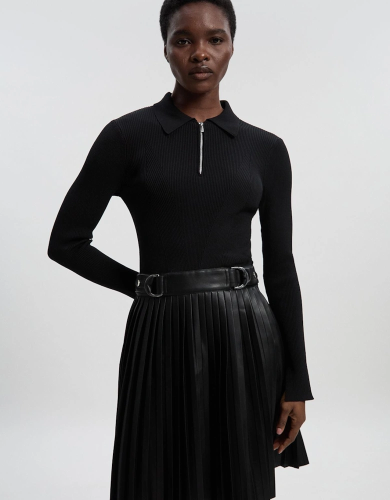 Knitted Zip Neck Pu Mix Pleated Mini Dress