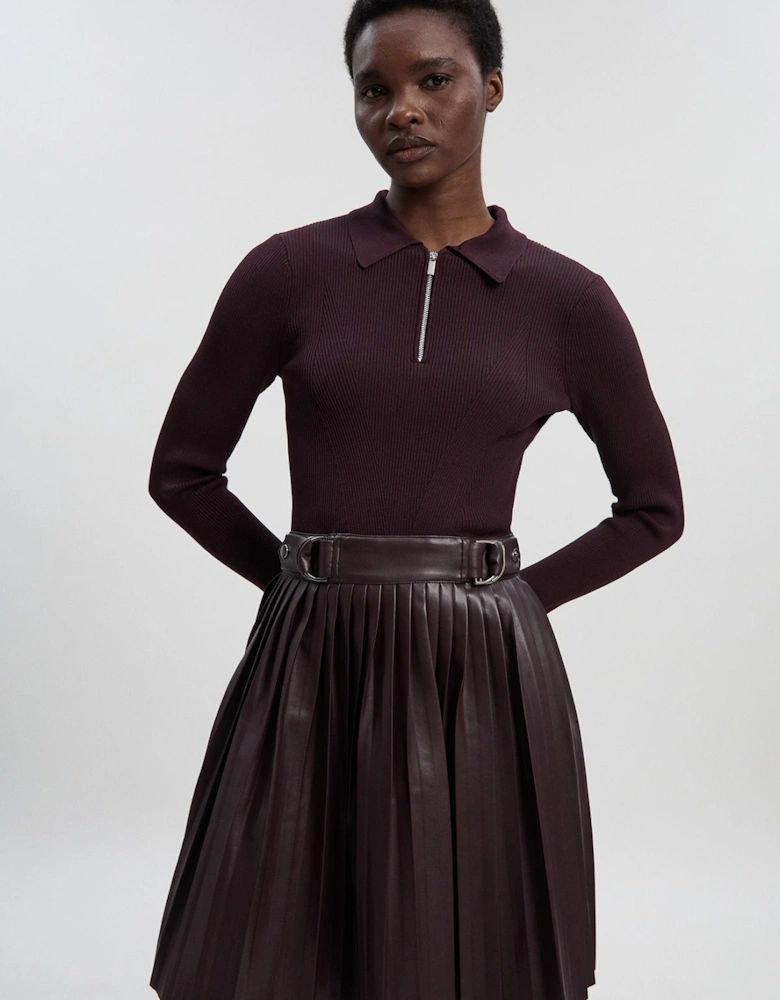 Knitted Zip Neck Pu Mix Pleated Mini Dress