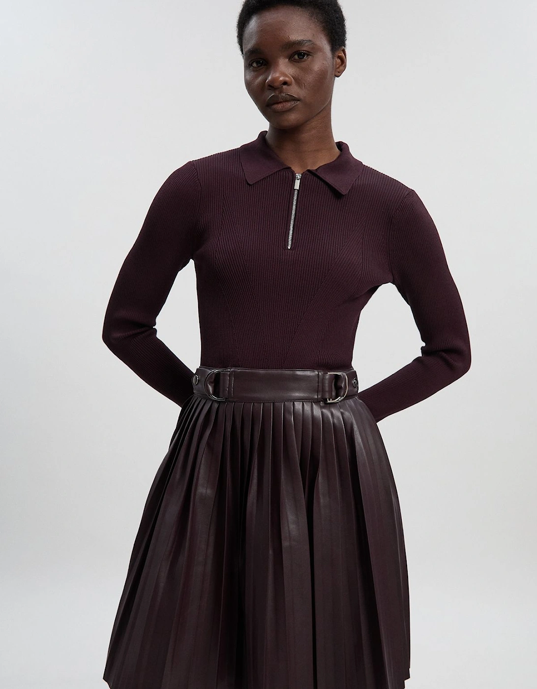 Knitted Zip Neck Pu Mix Pleated Mini Dress, 2 of 1