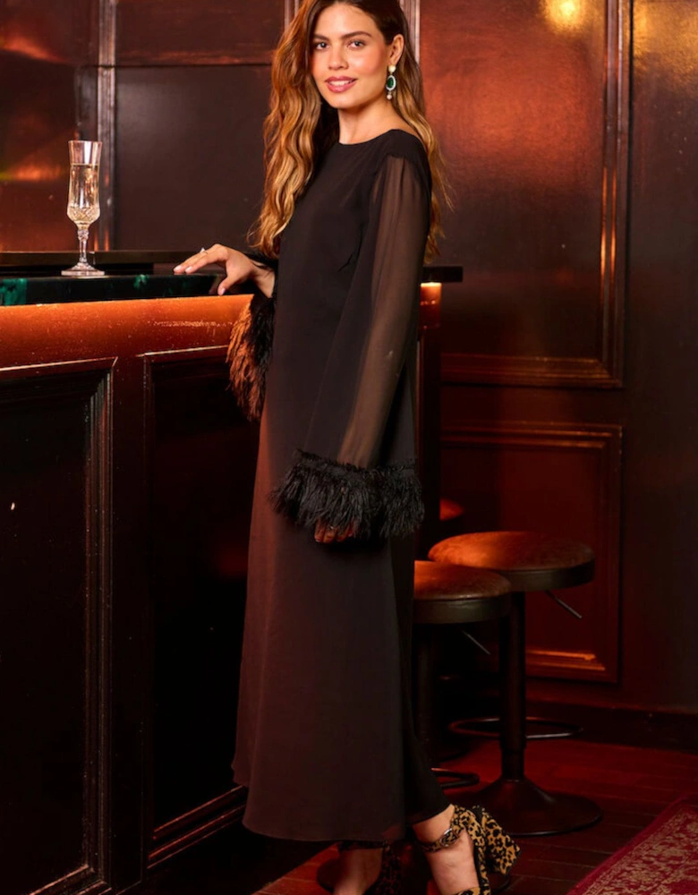 Black Feathered Trim Midaxi Dress