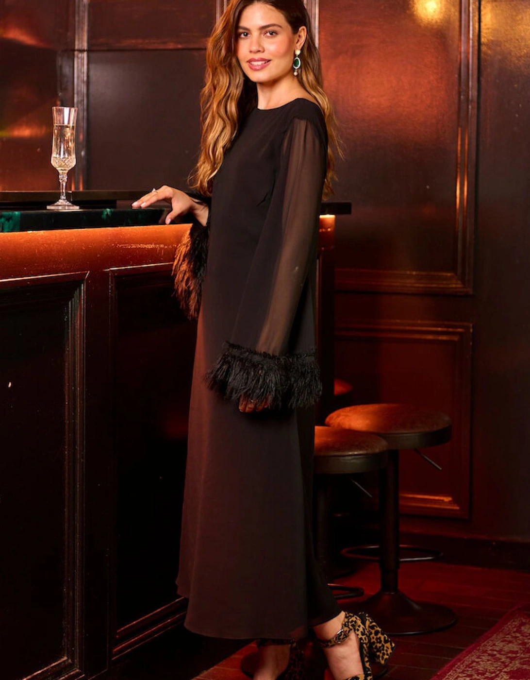 Black Feathered Trim Midaxi Dress, 2 of 1