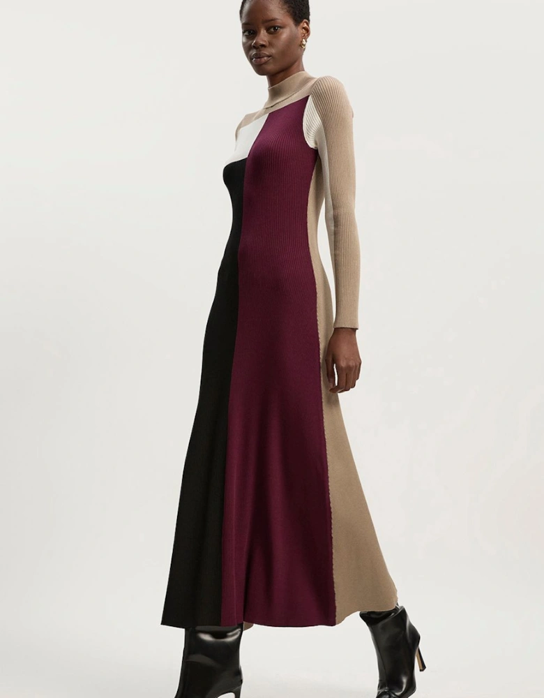 Slinky Viscose Colour Block Full Skirted Knit Midi Dress