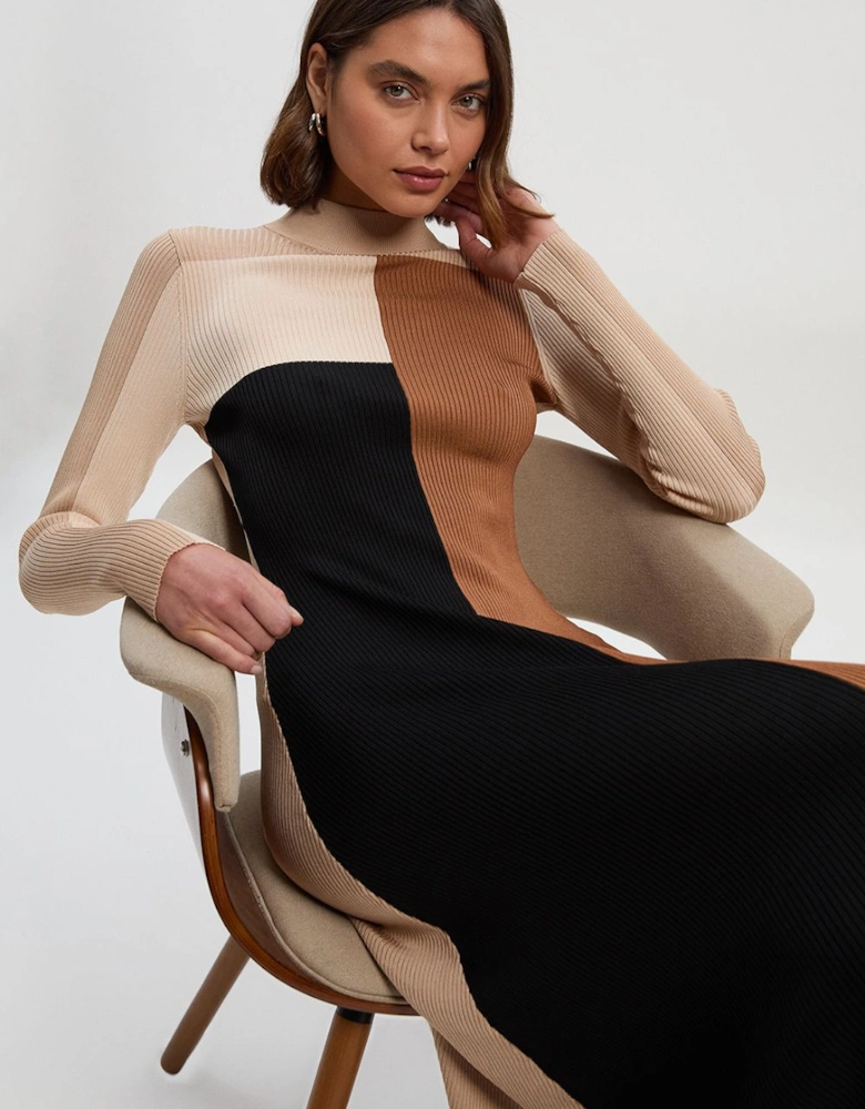 Slinky Viscose Colour Block Full Skirted Knit Midi Dress