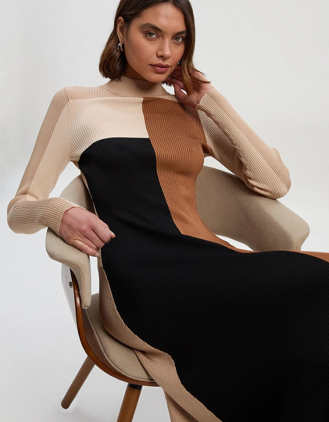 Slinky Viscose Colour Block Full Skirted Knit Midi Dress, 2 of 1