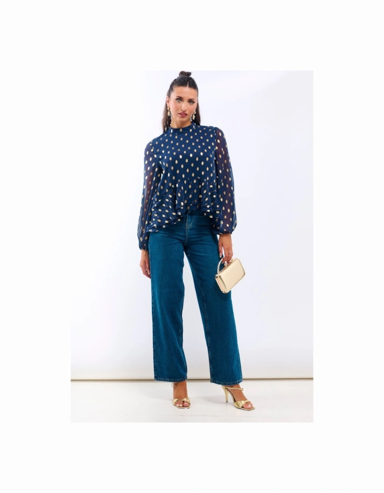 Navy Foil Ruffle Hi Low Blouse