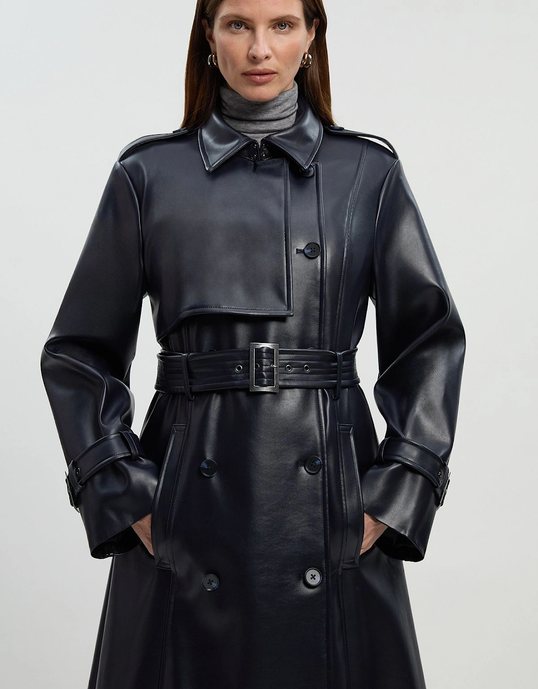 Faux Leather Belted Trench  Coat, 2 of 1