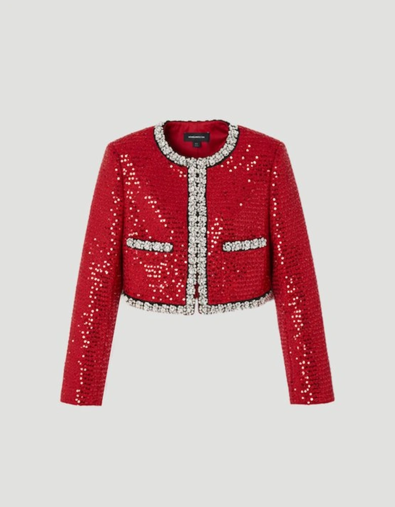Plus Size Tailored Sequin Tweed Embellished Cropped Jacket