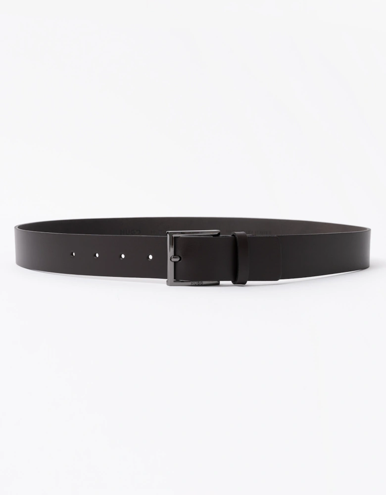 HUGO Mens Geek Smooth Leather Belt with Brushed Silver Buckle - Dark Brown 202