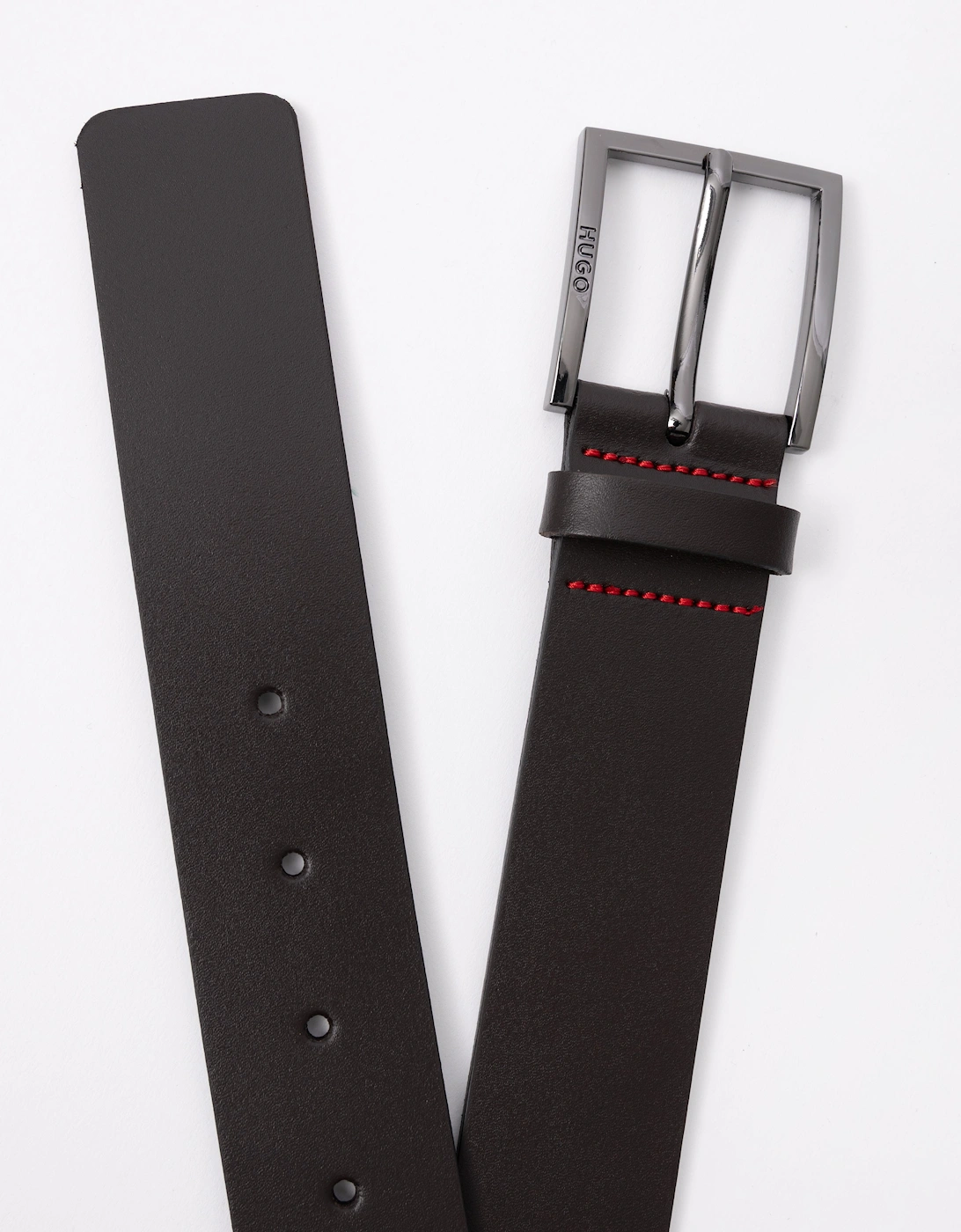 HUGO Mens Geek Smooth Leather Belt with Brushed Silver Buckle - Dark Brown 202