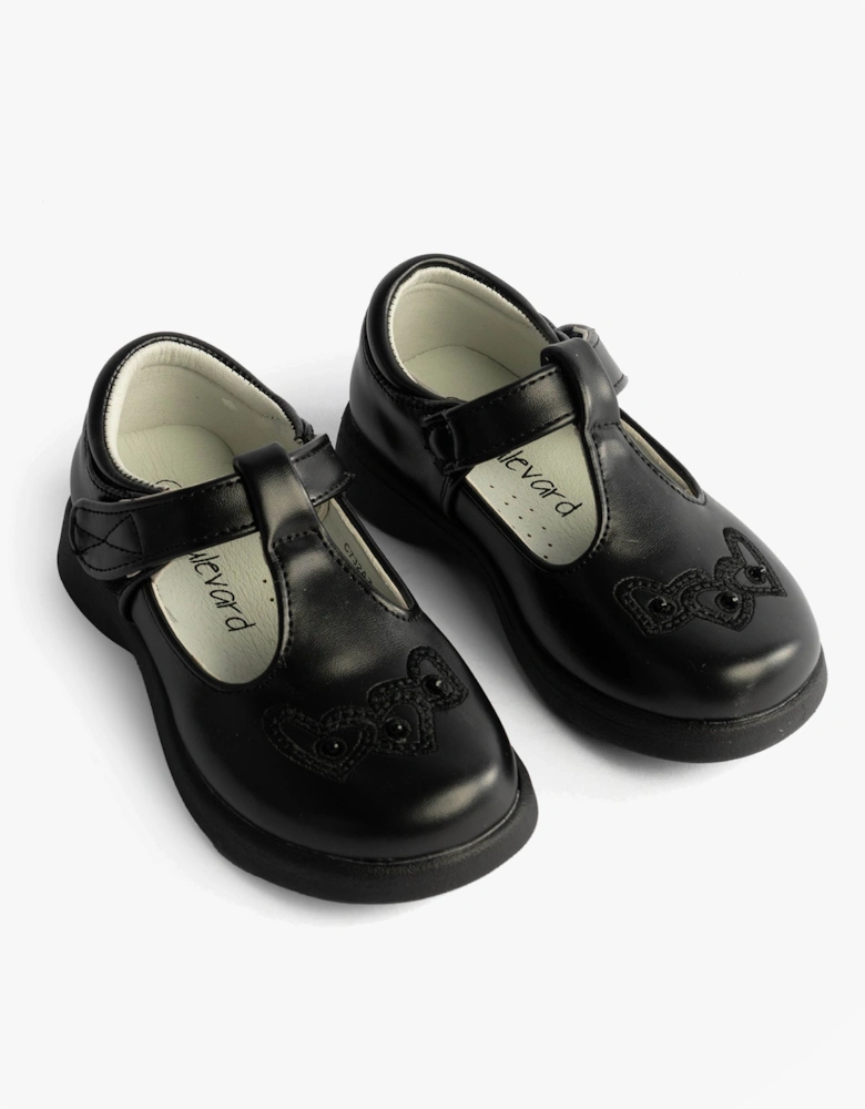 Girls Touch Fasten T-Bar School Shoes Black Matt