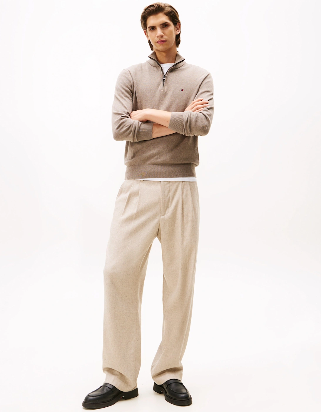 Organic Cotton Cashmere Mens Zip-Mock Sweater - Coastal Taupe Heather