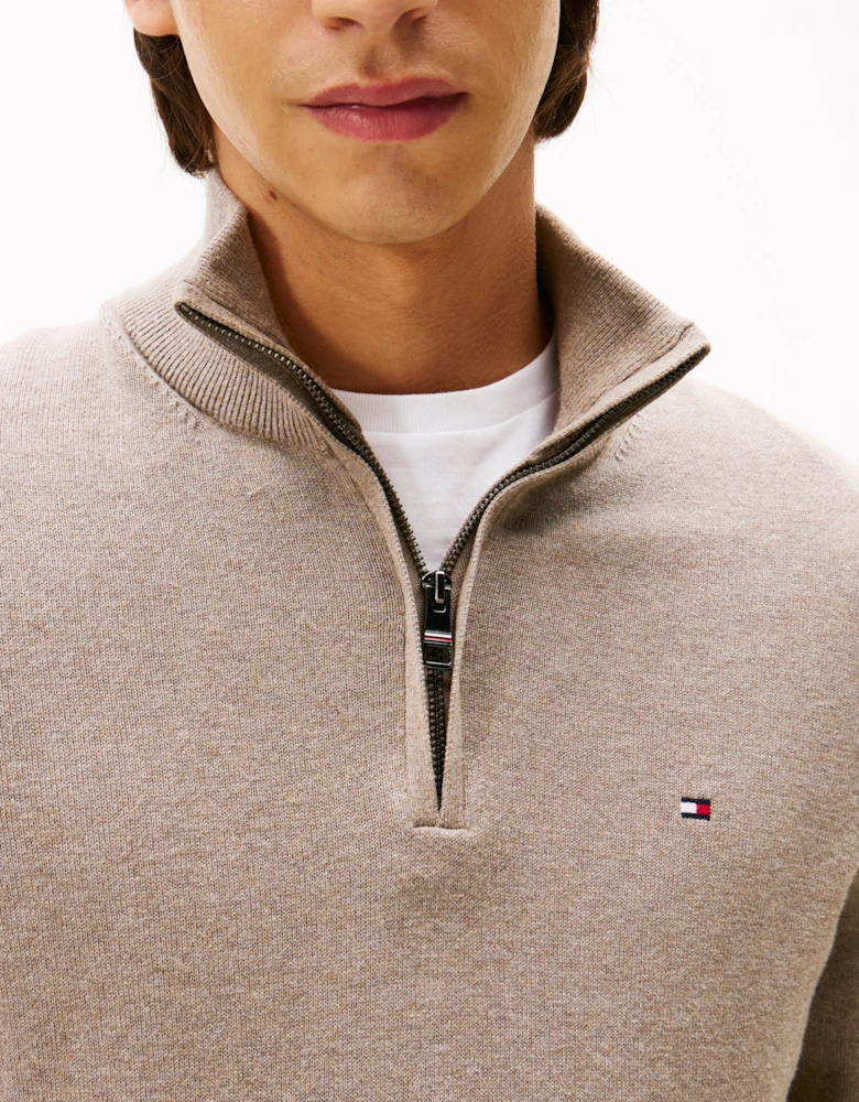 Organic Cotton Cashmere Mens Zip-Mock Sweater - Coastal Taupe Heather