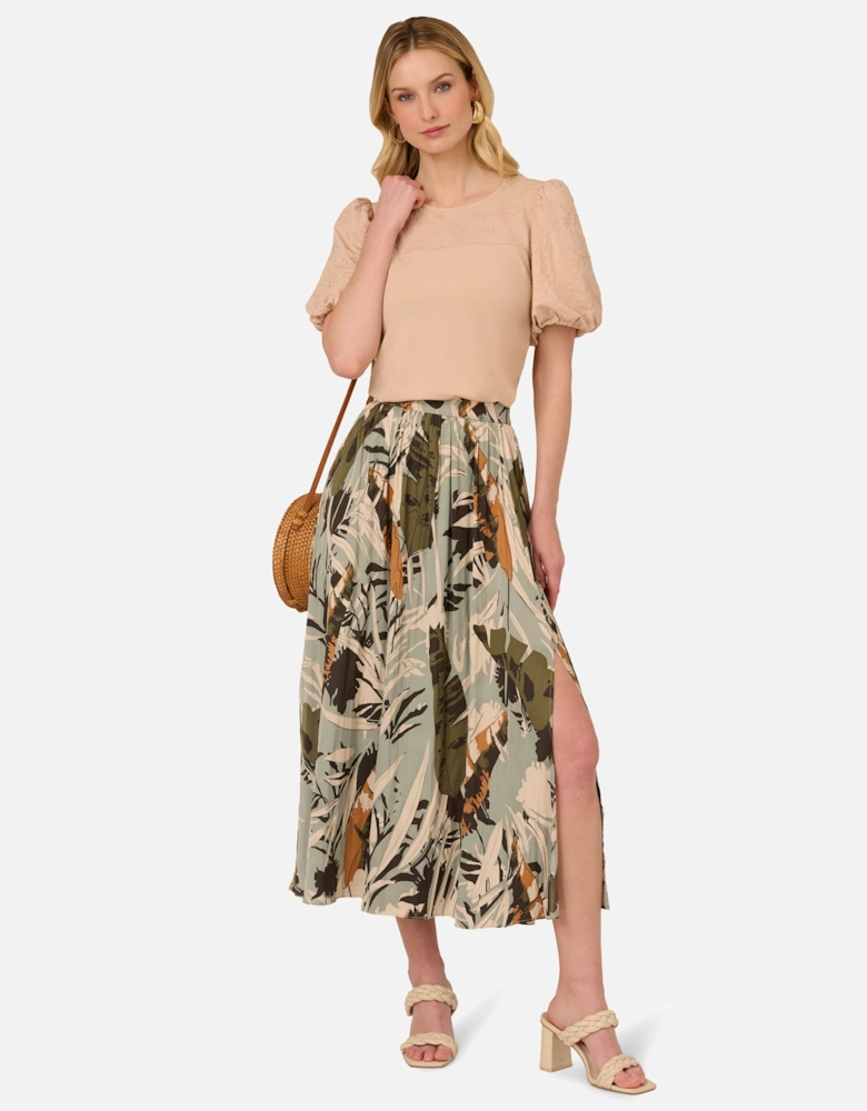 Small Pleated Pull On Midi A-Line Side Slit Skirt