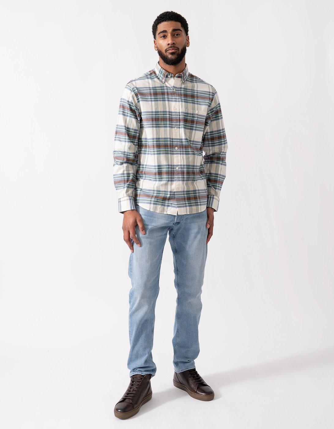 Mens Regular Fit Oxford Check Shirt - 318 Woody Green