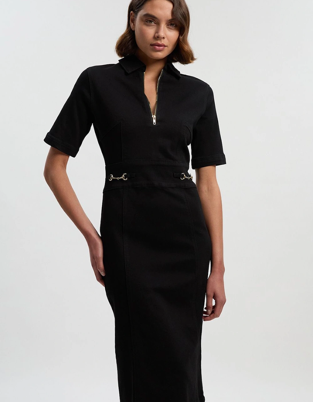 Stretch Denim Snaffle Trim Collared Midi Dress, 2 of 1