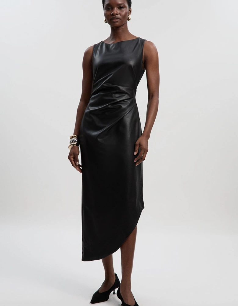 Faux Leather Ruched Asymmetric Pencil Dress