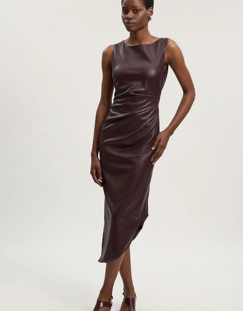 Faux Leather Ruched Asymmetric Pencil Dress