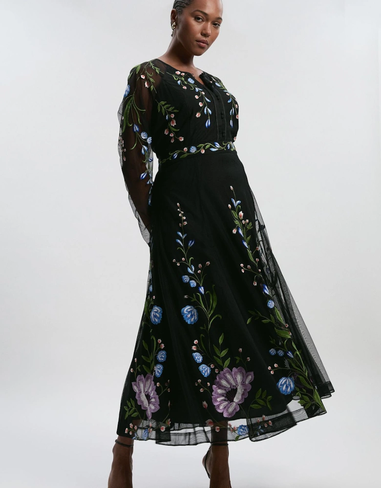 Plus Size Placed Floral Embroidered Mesh Woven Belted Maxi Dress
