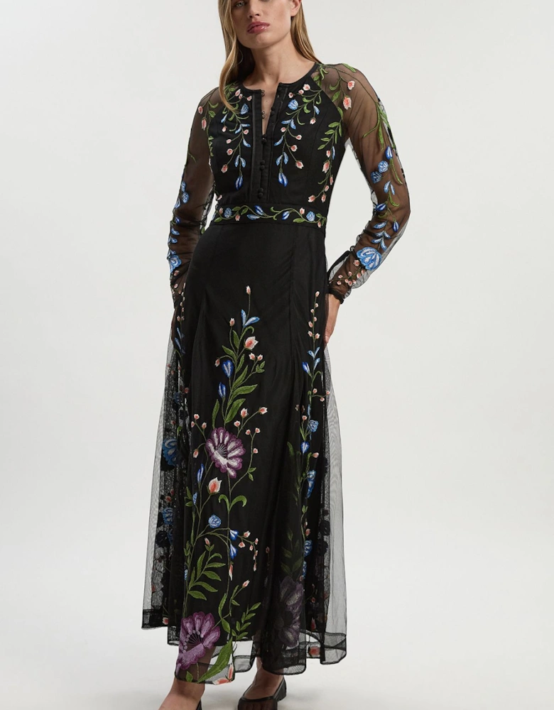 Petite Placed Floral Embroidered Mesh Woven Belted Maxi Dress