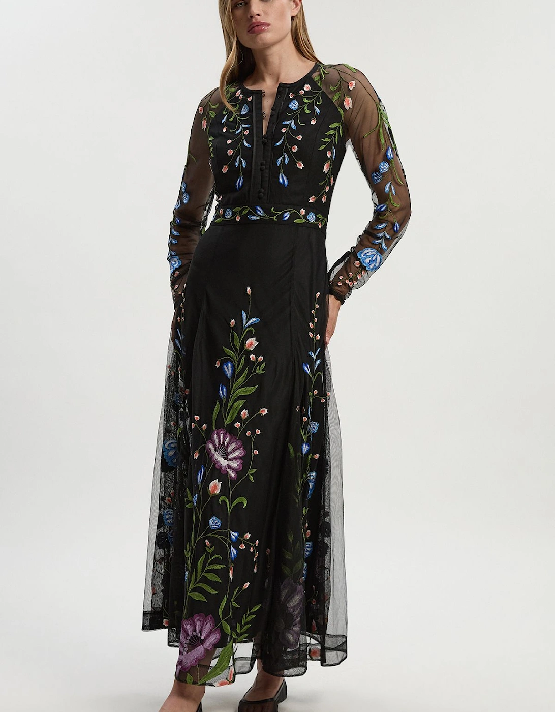 Petite Placed Floral Embroidered Mesh Woven Belted Maxi Dress, 2 of 1