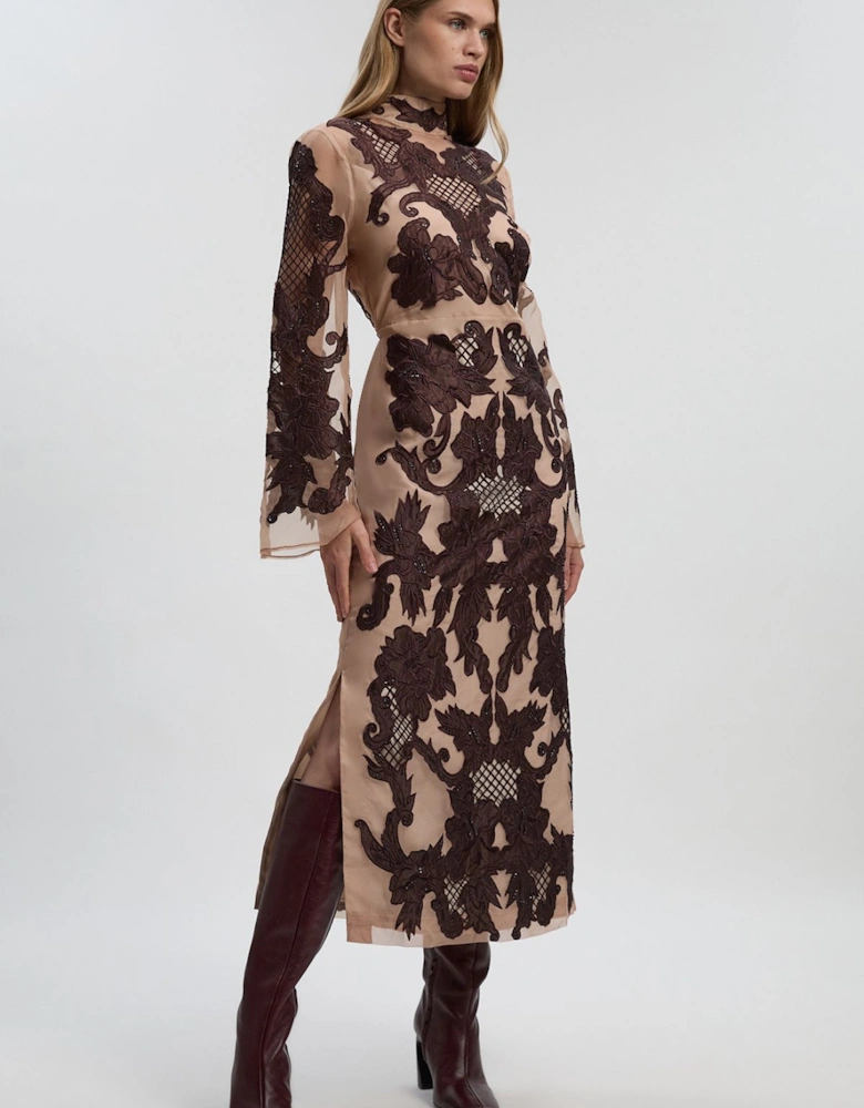 Baroque Organdie Applique And Beaded Bell Sleeve Woven Midi Dress