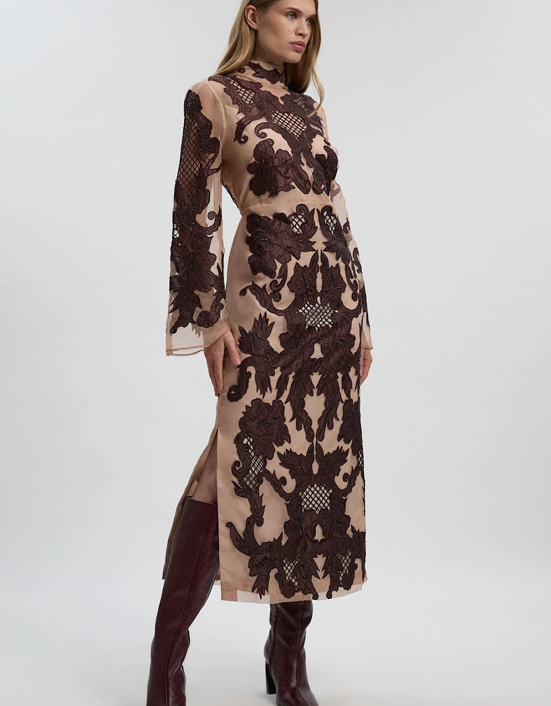 Baroque Organdie Applique And Beaded Bell Sleeve Woven Midi Dress, 2 of 1