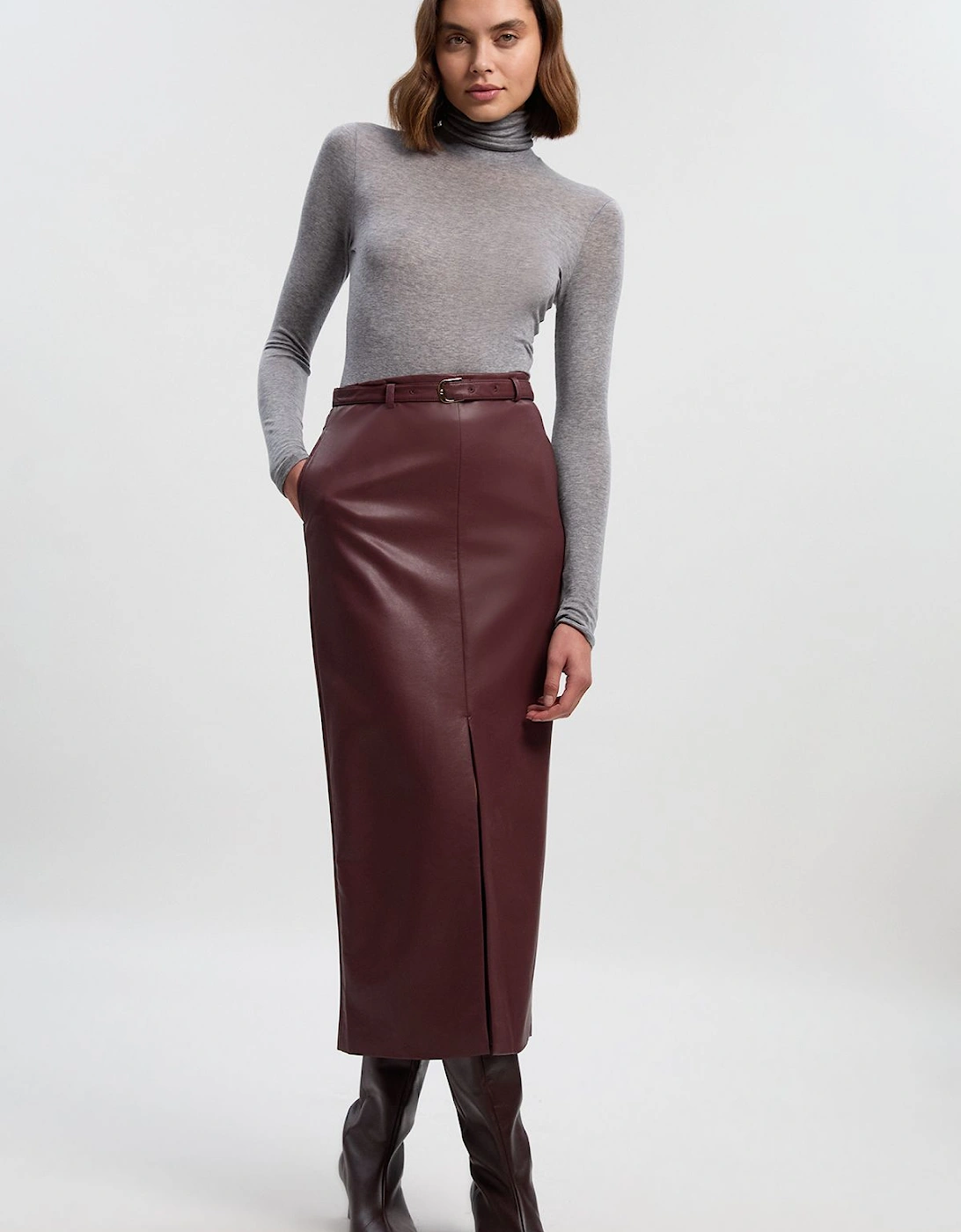 Faux Leather Tailored Midi Pencil Skirt, 2 of 1
