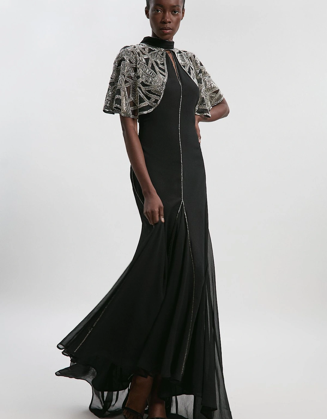 Crystal Embellished Cutwork Cape Detail Woven Maxi Dress, 2 of 1