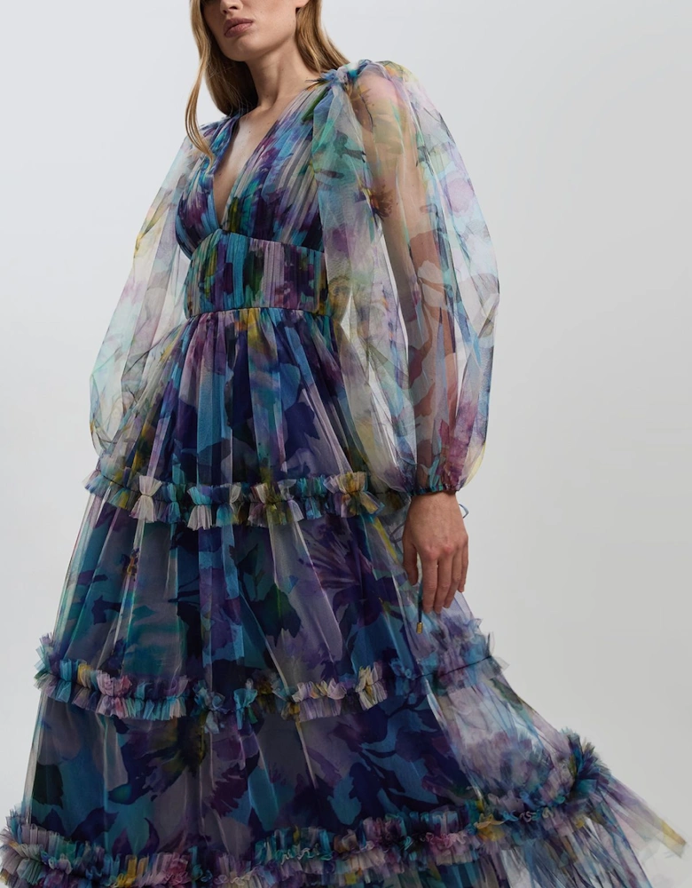 Dusky Floral Tulle Balloon Sleeve Plunge Woven Maxi Dress