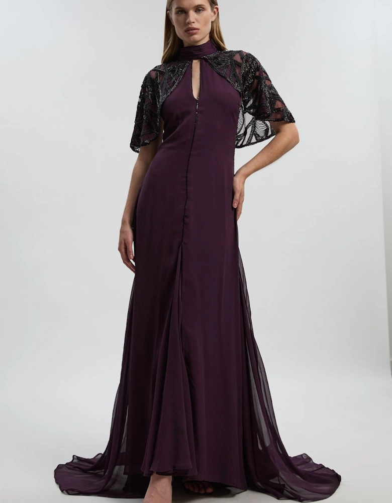 Crystal Embellished Cutwork Cape Detail Woven Maxi Dress