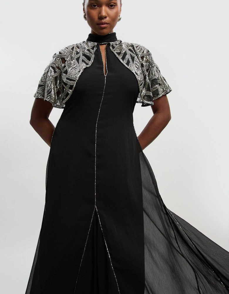 Plus Size Crystal Embellished Cutwork Cape Detail Woven Maxi Dress