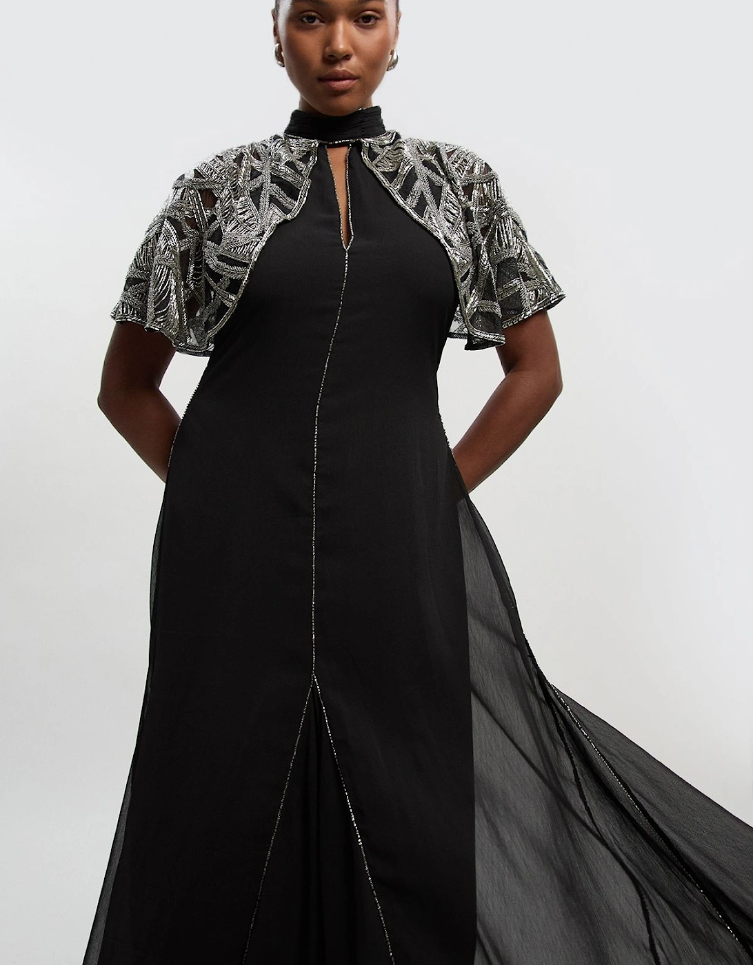 Plus Size Crystal Embellished Cutwork Cape Detail Woven Maxi Dress, 2 of 1