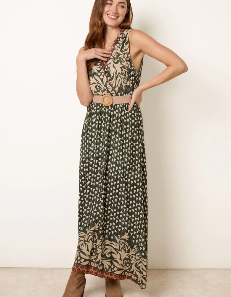 Khaki Geo Print Wrap Front Belted Dress
