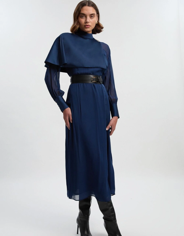 Petite Military Sheer Cape Detail Woven Maxi Dress