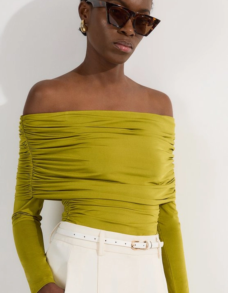 Drapey Slinky Jersey Bardot Long Sleeve Bodysuit