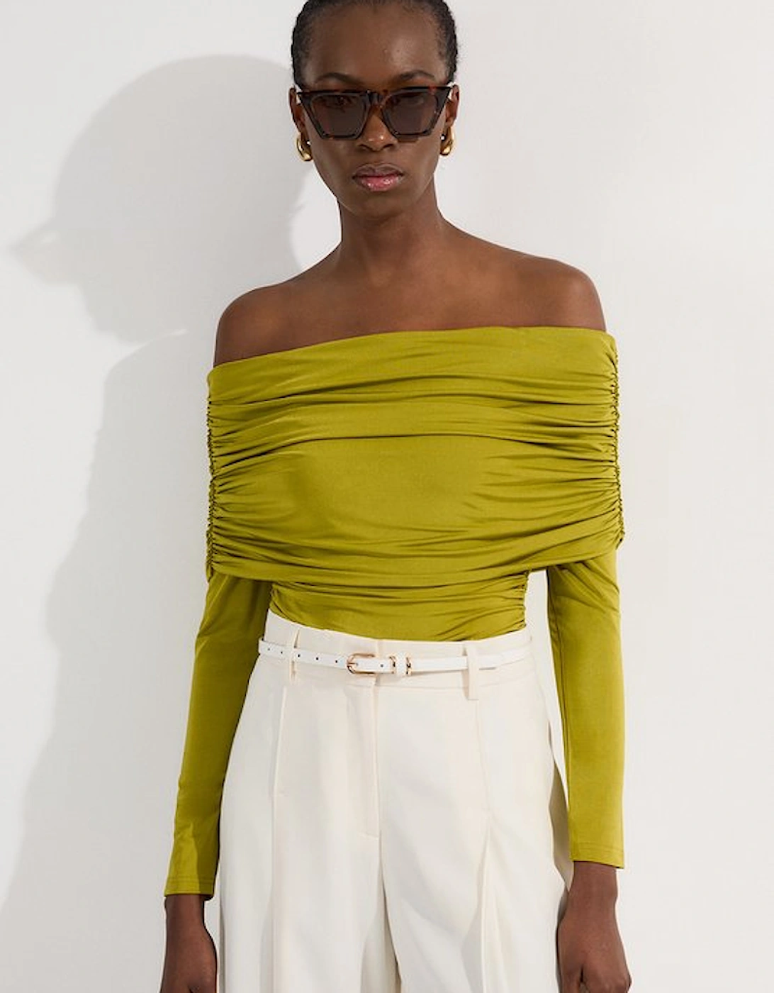 Drapey Slinky Jersey Bardot Long Sleeve Bodysuit