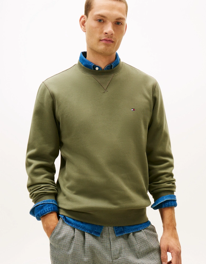 Essential Flag Embroidery Mens Fleece Crew Sweatshirt - Battle Green