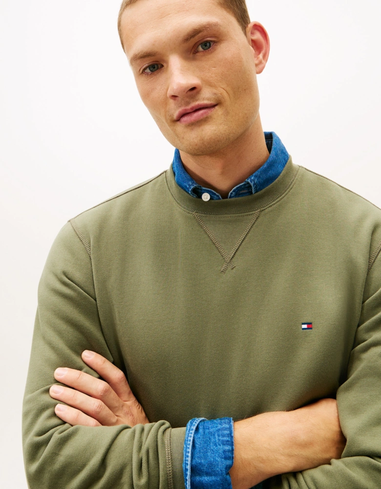 Essential Flag Embroidery Mens Fleece Crew Sweatshirt - Battle Green